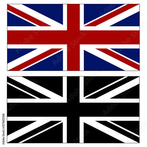 Illustration of black and white and color UK flag with black outline isolated on white