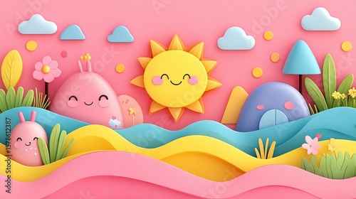 Cute cartoon landscape with happy sun and playful characters