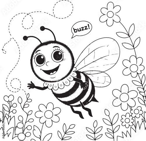 Cute Cartoon Bee Flying in Garden Line Art