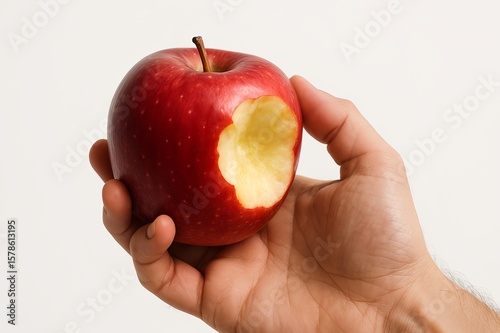 adult male hand holding a bitten apple on a white background