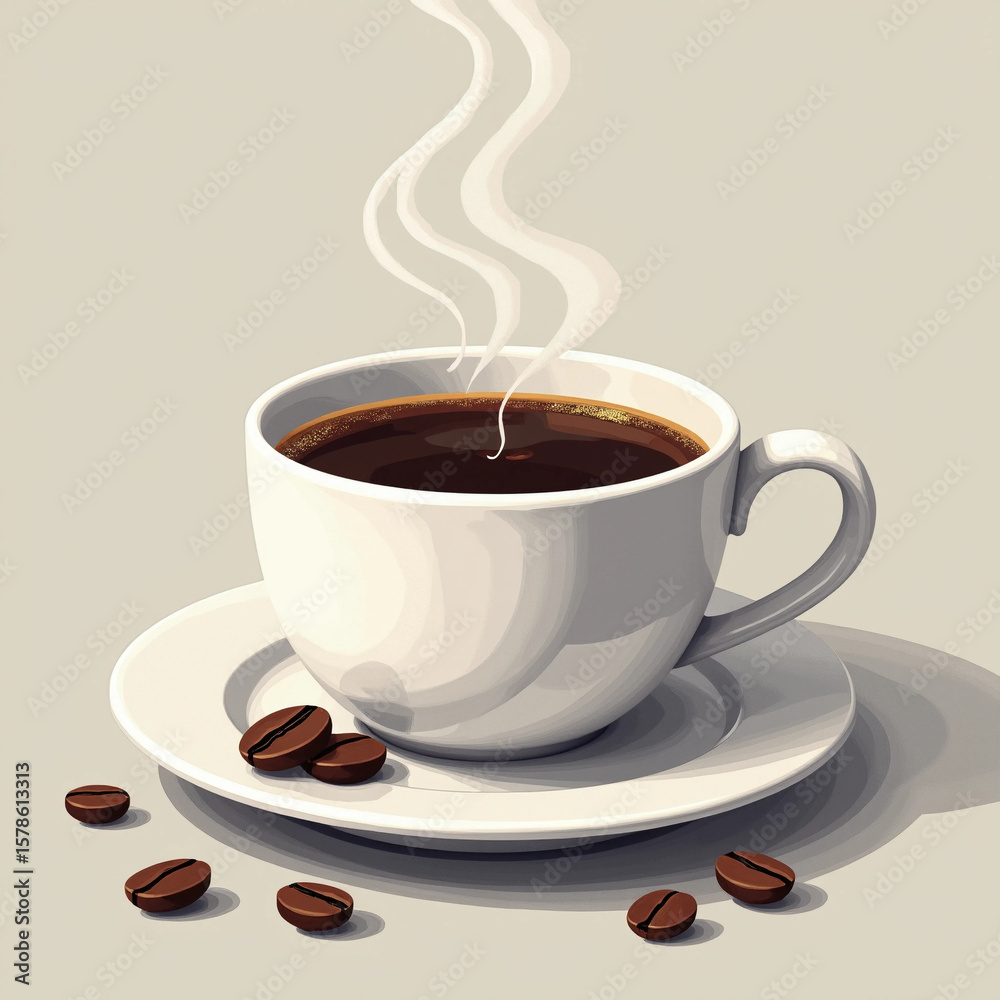 Obraz premium Steaming Coffee: White Cup with Scattered Beans, Daily Enjoyment in a Minimalist Setting