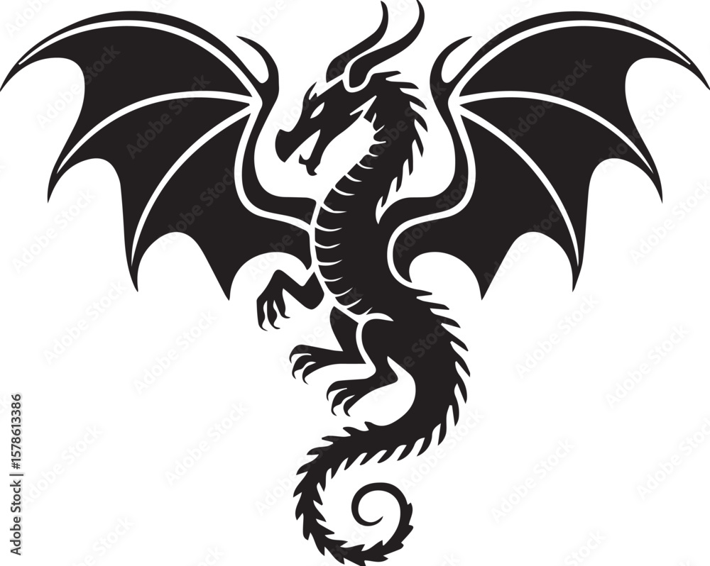 Fototapeta premium Elegant Dragondragon, tattoo, vector, animal, illustration, silhouette, symbol, art, design, monster, china, fantasy, black, tribal, drawing, asia, culture, power, japanese, decoration, ancient, pat