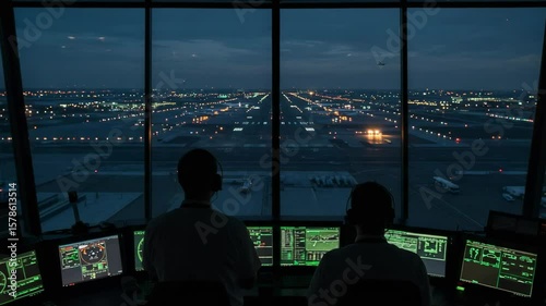 Two air traffic controllers in a control tower overlooking an airport at night. People monitoring runways and flight traffic on computer screens.