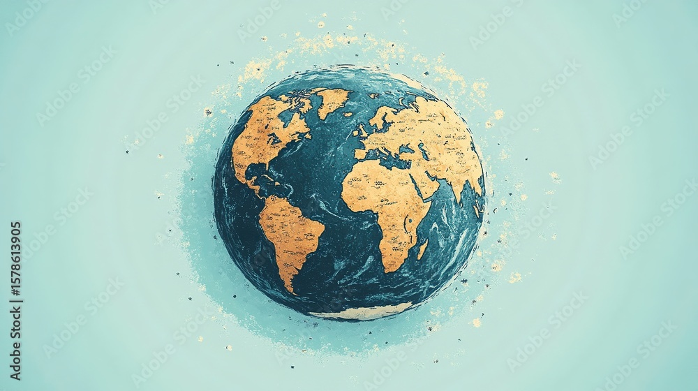Fototapeta premium Earth globe, stylized with vintage map, light-blue backdrop