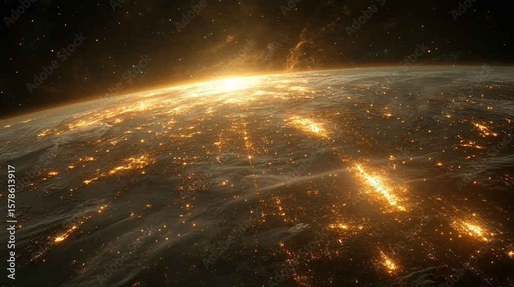 Obraz premium Earth from space, cities ablaze in sunrise