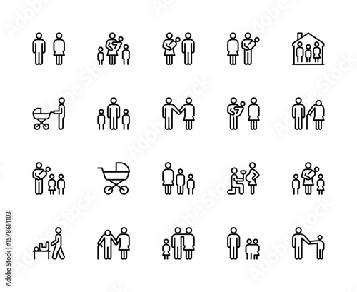 Family related vector linear icons set. Contains such icons as family, parents, children, mother, father, daughter, son, care and more.