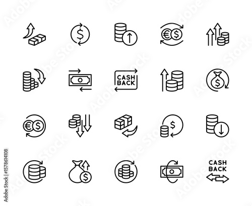 Money movement related vector linear icons set. Contains such icons as payment, movement, arrows, send, receive and more.