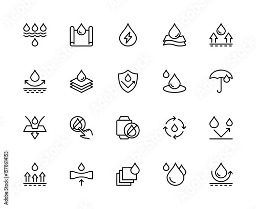 Waterproof related vector linear icons set. Contains such icons as rain, membrane, waterproof, fabric, textile, water and more.
