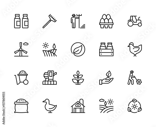 Agriculture related vector linear icons set. Contains such icons as livestock, tractor, field, sowing, fertilizer and more.