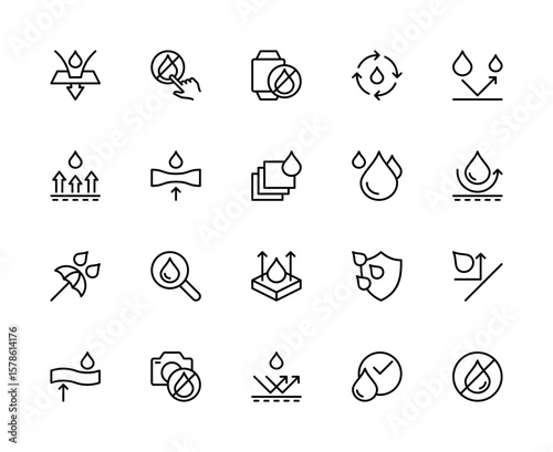 Waterproof related vector linear icons set. Contains such icons as waterproof, water-repellent, rainproof, protection and more.
