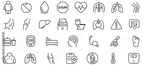 Obesity Health Risks Line Icons Pack – Medical Vector Set Featuring Unique Icons for Weight-Related Diseases, Metabolic Issues, and Lifestyle Disorders