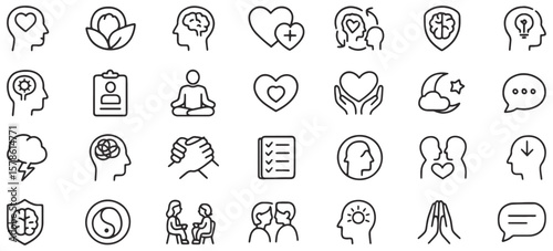 Mental Health & Wellness Line Icons Pack – Unique Outline Symbols Representing Self-Care, Therapy, Mindfulness, Emotional Support & Mental Wellbeing for UI, Healthcare, and Counseling Design Projects