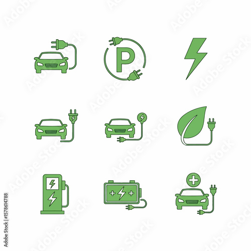 Electric vehicle icons represent green energy and eco friendly transportation future solutions