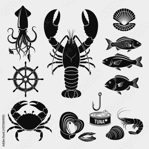 Black and white vector seafood design with lobster, crab, fish, and shell images for culinary arts