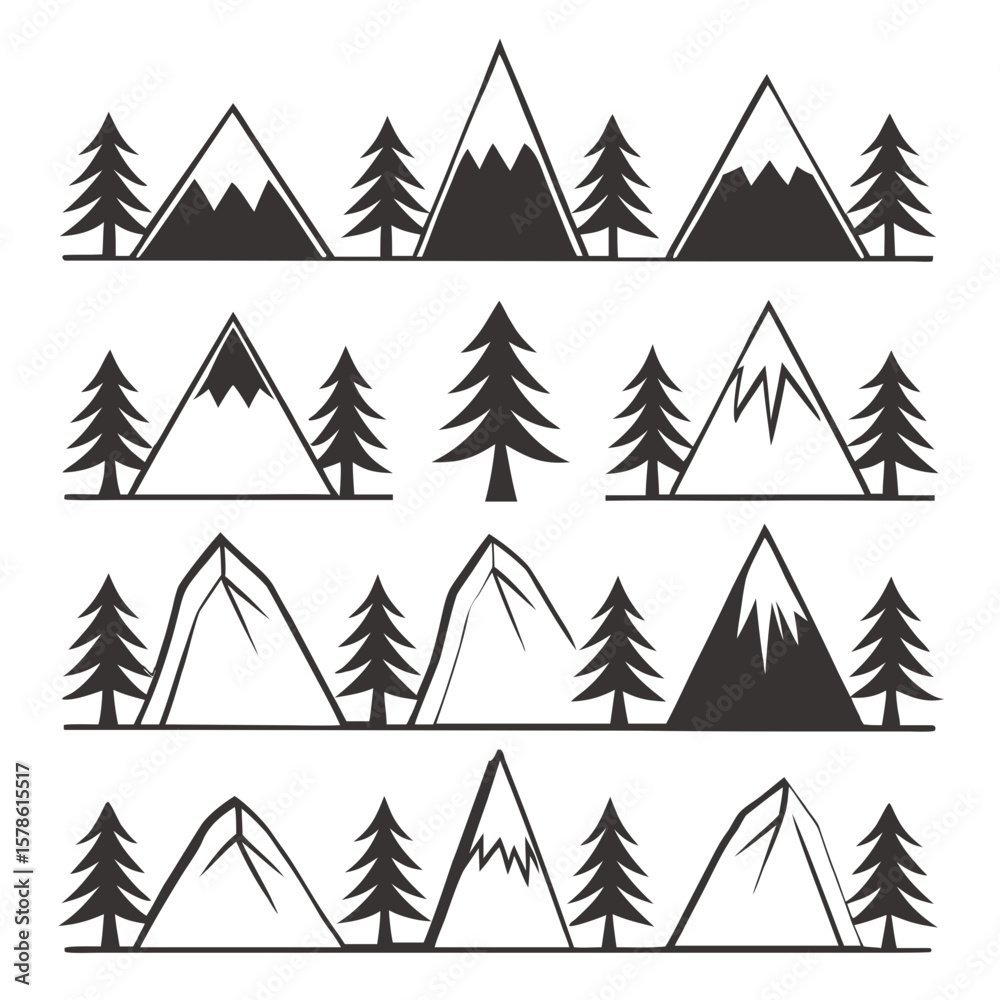Obraz premium Stylized mountain peaks evergreen trees graphic mountains