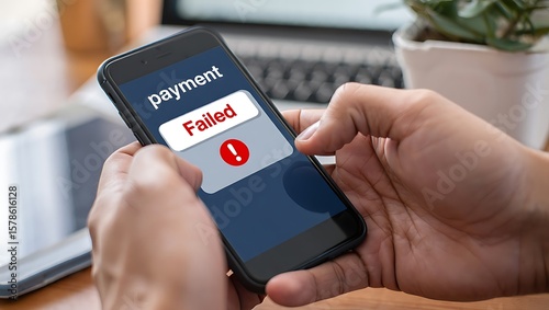 A person holding a smartphone displaying a payment failed notification with an exclamation mark symbol representing a transaction error or declined payment