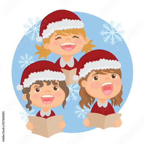 Three cute happy children singing Christmas carols.