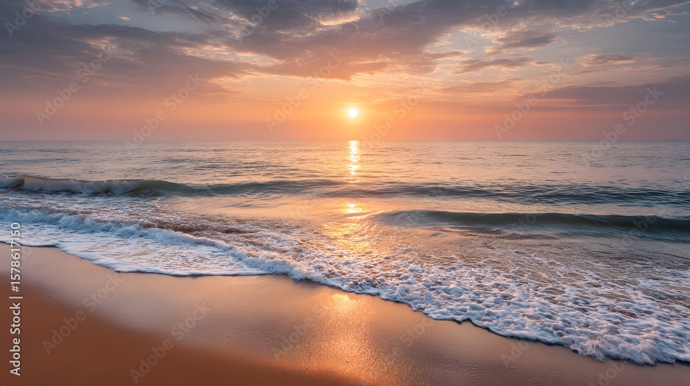 Fototapeta premium Sunrise over calm ocean horizon minimalistic sandy beach foreground colorful sky gradient and gentle waves serene seascape perfect for meditation visuals