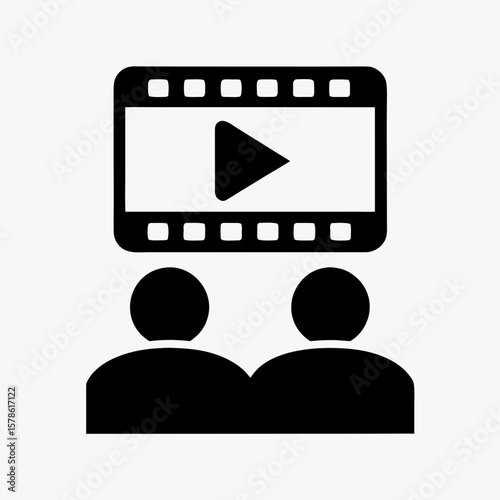 Video Presentation Icon, Two People Watching Play Button Screen, Media Viewing