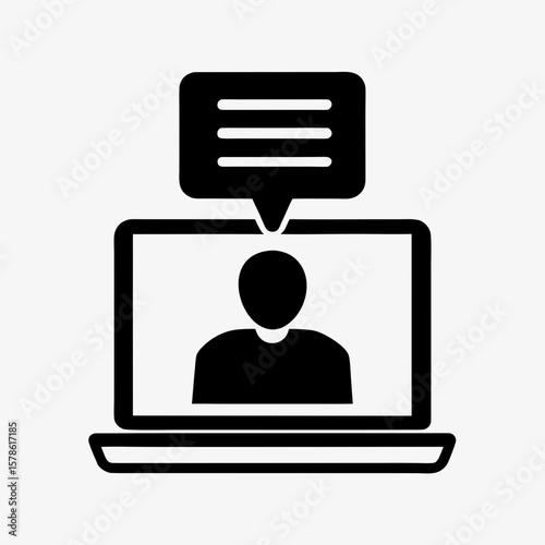 Online Chat Icon, Laptop Video Call with Message Bubble, User Communication