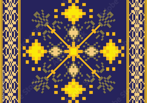 A vibrant pixel-art pattern showcasing a symmetrical star-like flower in yellow and beige green on a deep navy blue canvas. The golden side borders enhance its traditional textile elegance.