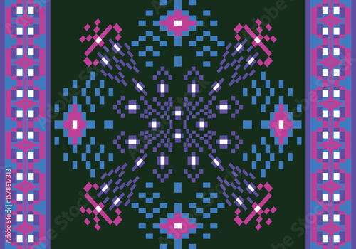 This pixel fabric design features a symmetrical floral motif in pink and purple hues on deep green background, framed with a geometric vertical border on both sides. It is elegant and detailed.