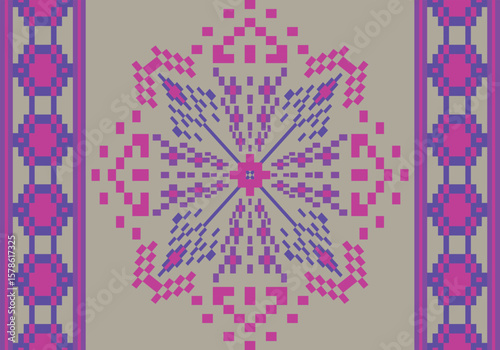 This pixel fabric design features a symmetrical floral motif in pink and purple hues on a gray-beige background, framed with a geometric vertical border on both sides. It is elegant and detailed.