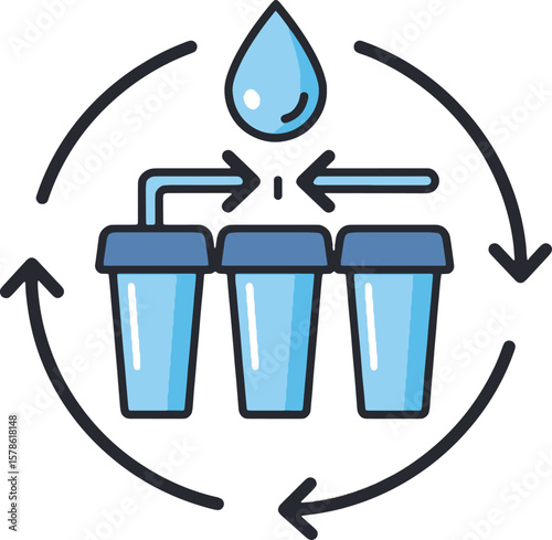 Illustration depicting a water purification system with filters and a water droplet.