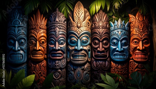 Row of Polynesian Tribal Masks.
