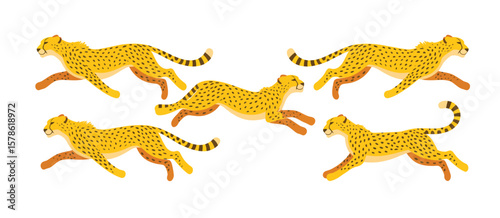 Five stylized cheetahs in mid stride on a white background