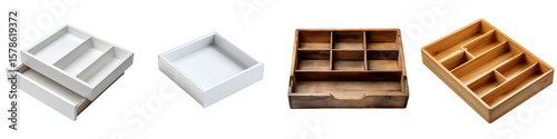 Assortment of Empty Wooden Drawer Organizers with Compartments for Storage on White Background - Kitchen, Bathroom, Desk Dividers, Minimalism
