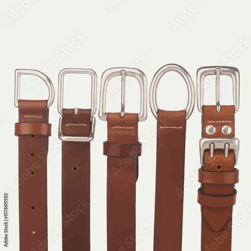 Collection of five brown leather belts with different silver buckles arranged vertically