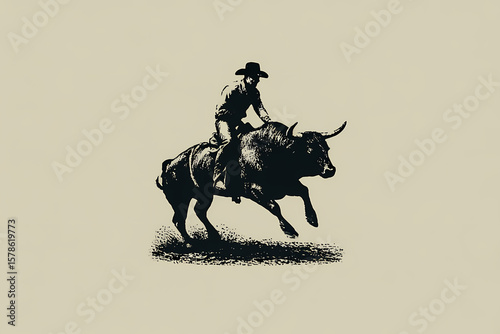 Vintage Cowboy Riding Rodeo Bull 1950s Style Drawing Wild West Bucking Bronco Illustration Western Heritage Equestrian Sport Action Graphic
