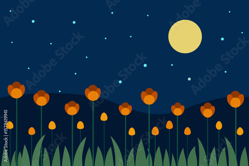 field of flowers under moonlight