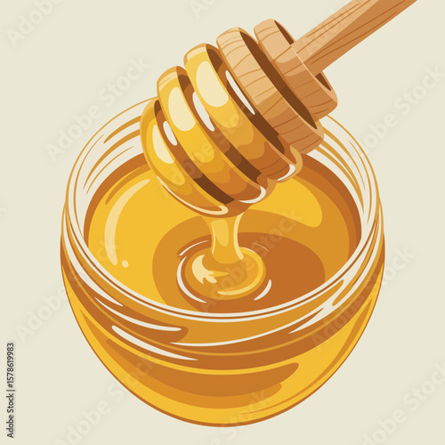 Golden honey dripping from a wooden dipper into a glass jar