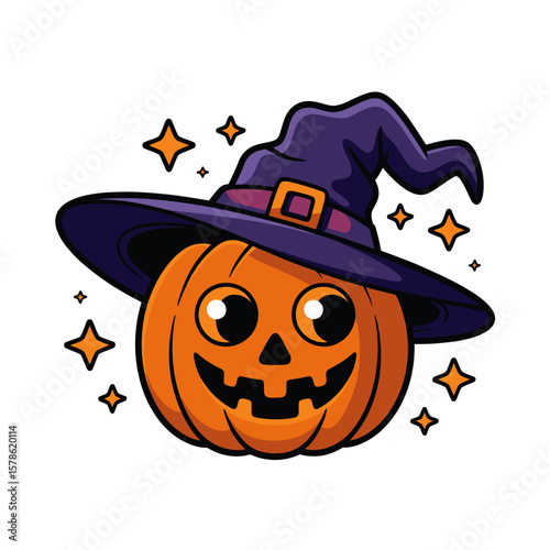 Spooky Halloween decoration of a jack o lantern with a shiny purple witchs hat, perfect for festive holiday designs and themed projects.