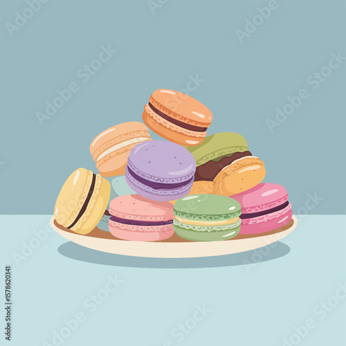 A colorful assortment of sweet french macarons piled high on a white plate