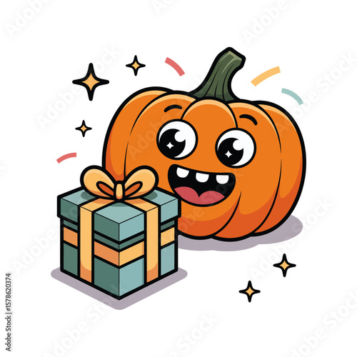 Happy cartoon pumpkin with teal gift box, suitable for fall themed designs, Halloween party invitations, greeting cards, and social media posts.