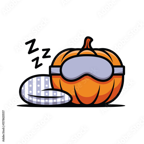 Sleeping cartoon pumpkin with sleep mask on pillow. Suitable for Halloween themed designs, childrens bedtime illustrations, and seasonal graphics.