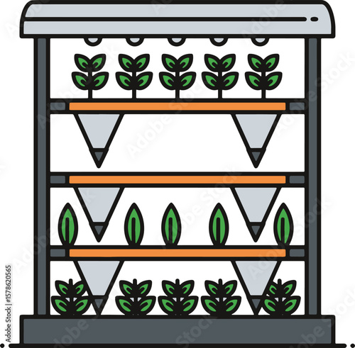 Vertical farming system with plants growing on multiple levels under artificial lighting.