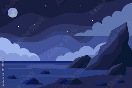 rocky beach under cloudy night sky
