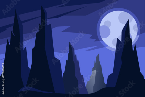 rock spires casting shadows in moonlight