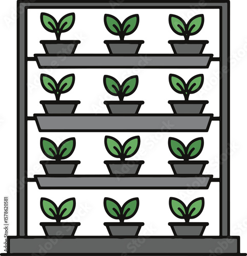 Vertical garden with small green plants in pots arranged on shelves.
