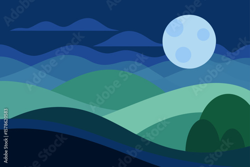 rolling hills under foggy moonlight