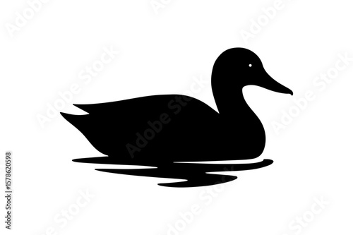 Black Silhouette of a Swimming Duck with Head Low