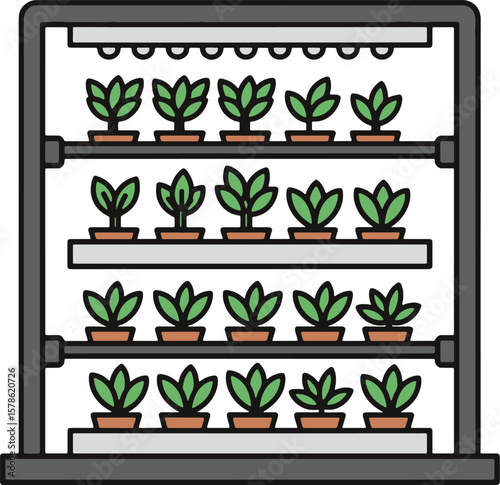 Indoor vertical farm with multiple shelves containing potted plants under artificial grow lights.