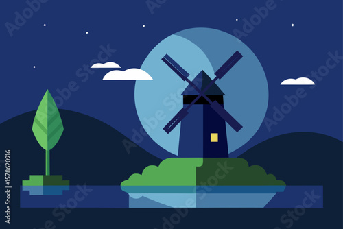 windmill by a lake at night