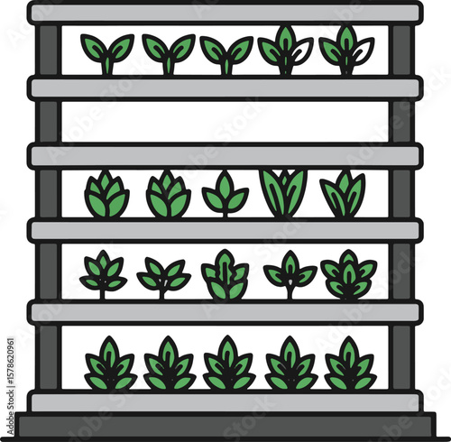 Vertical hydroponic garden with multiple plant levels, showcasing sustainable urban farming.