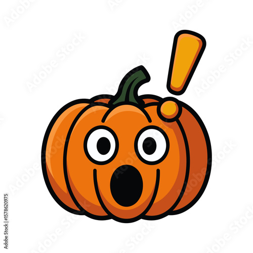 Surprised cartoon pumpkin with an exclamation point Suitable for Halloween designs, fall promotions, social media posts, and childrens crafts.