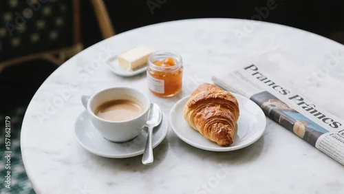 Fototapeta na wymiar Parisian breakfast flat lay with a fresh croissant, café au lait, and jam on a classic white marble bistro table.